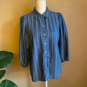 Nanette Button Collar Blue Jean Stripe Blouse